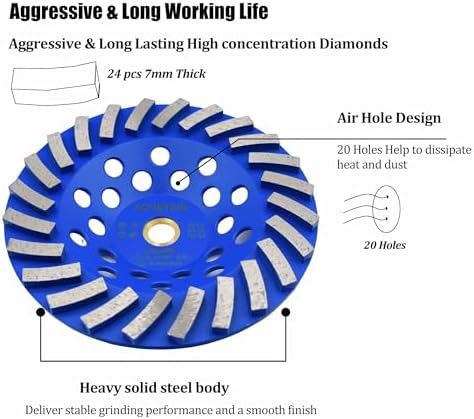 7 in. x 7/8-5/8 in. Non Threaded 24 Segments 7 Inch Concrete Grinding Wheel, Diamond Cup Wheel for Granite Marble Concrete (7/8"-5/8" Non-Threaded)