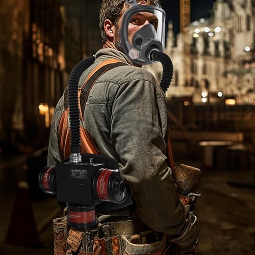 HANUU High-Efficiency PAPR Respirator System: Powered Air Purifying Respirators with 3Pcs 40mm Gas Mask Filters Portable Supplied Air Respirator for Welding Spray Painting Chemical Large Air Volume