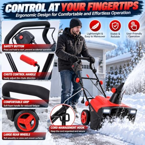 20-Inch Corded Electric Snow Thrower, 15 Amp Corded Snow Blower with Dual LED Lights, 180° Rotating Chute, 30 FT Throw Distance, 10-Inch Clearing Depth for Driveways, Walkways & Patios