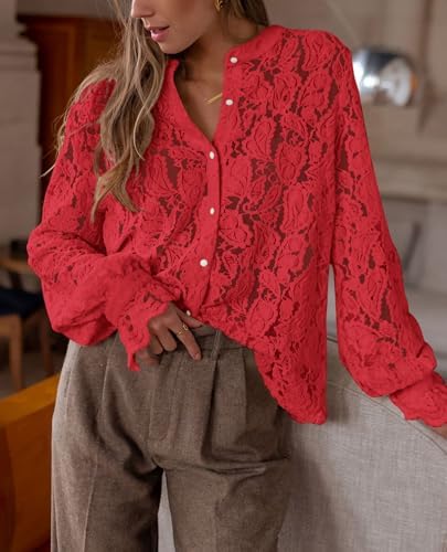 PRETTYGARDEN Women's Fall Trendy Long Sleeve Lace Tops