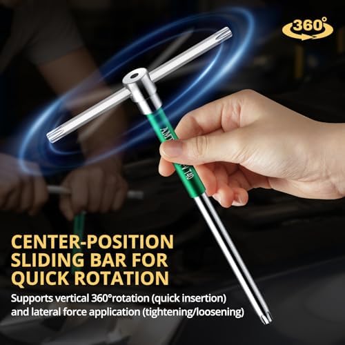 AMTOVL T-Handle Star Wrench Set - TORX, 10 Pcs T10-T55, Sliding Handle, | Chrome Vanadium Steel, with Aluminum Alloy Sleeves & Steel Storage Rack, for DIY, Mechanics, and Bicycle Enthusiasts