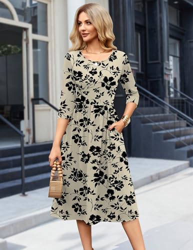Zeagoo 3/4 Sleeve Women's Dress Casual Aline Summer Fall Midi Long Dresses