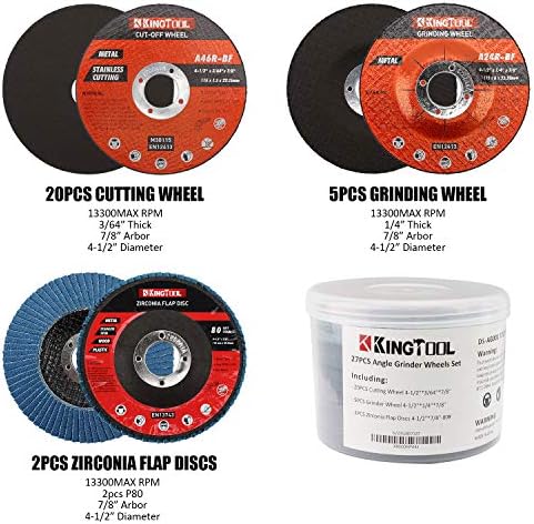 KingTool 27pcs Angle Grinder Wheel Set, Grinder Disc Set Includes 20pcs Cutting Wheel, 5pcs Grinding Wheel, 2pcs Flap Discs with 4-1/2" Diameter and 7/8" Arbor for Steel and Stainless Cutting Grinding