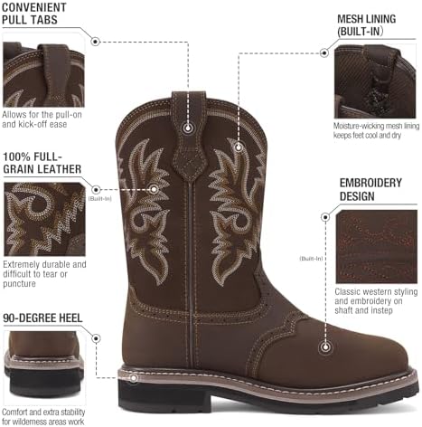 HISEA NINGO Steel Toe Work Boots for Men Square Toe Cowboy Boots Soft Toe