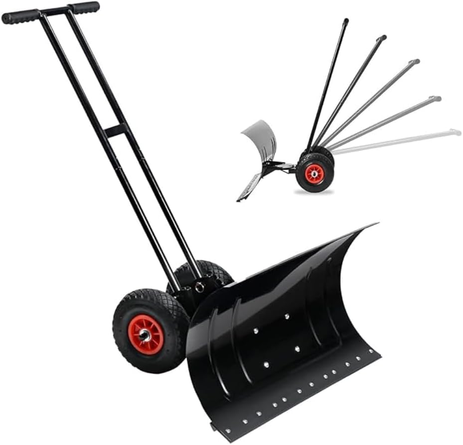 【Local delivery 】 29in Galvanized Blade Heavy-Duty 2-Wheel Snow Pusher Hand Plow for Snow Removal w/Wheels, Adjustable Handle, Blade Angle (Black)