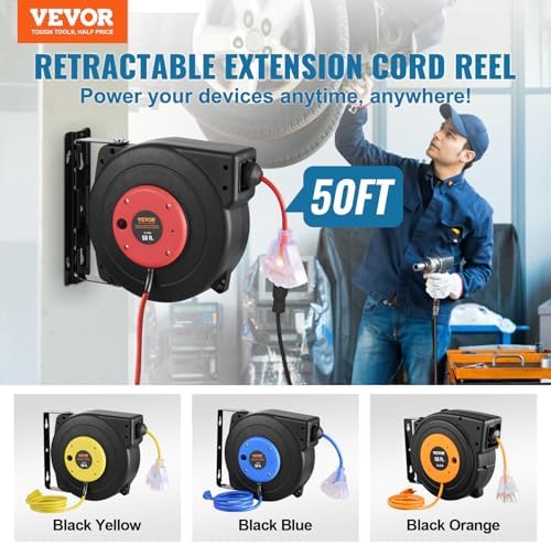 VEVOR Retractable Extension Cord Reel, 50 FT, Heavy Duty 14AWG/3C SJTOW Extension Power Cord with Lighted Triple Tap Outlet, 13A Circuit Breaker 180° Swivel Bracket for Ceiling or Wall Mount, Red