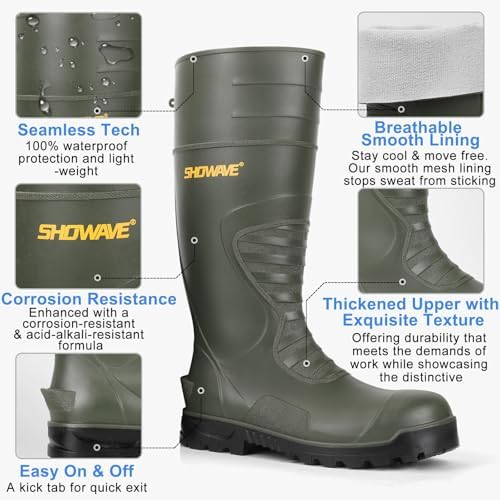 Showave Men's Rubber Boots Steel Toe Rain Boot Construction Waterproof Boot