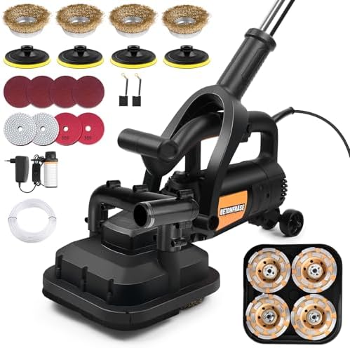 4-Head Concrete Grinder with Handle, Auxiliary Wheels & Dust Shround