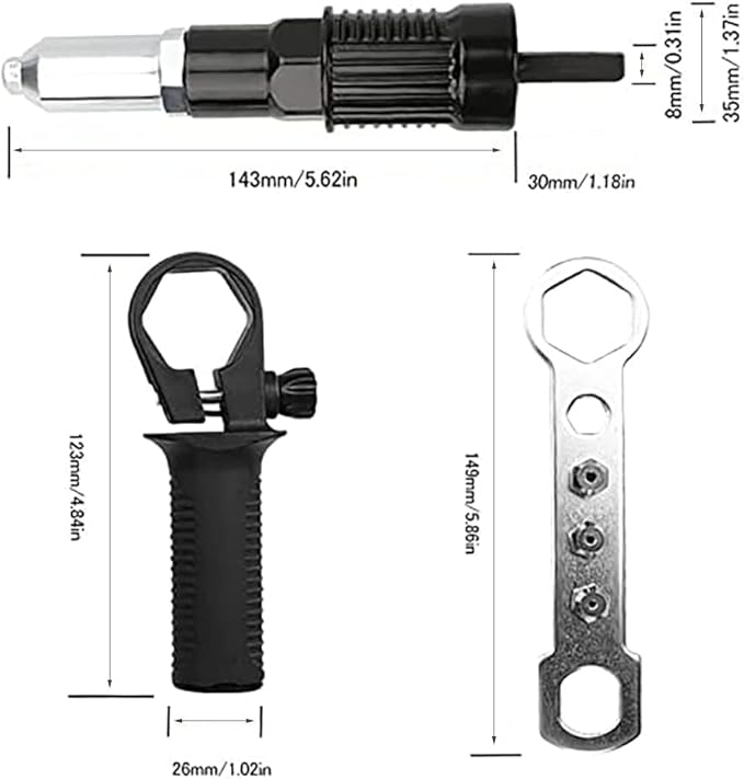 Rivet Gun Adapter Kit,Electric Power Drill Rivet Attachment,Easy Processing for Pop Riveting Work,with 4 Rivet Heads 2.4mm 3.2mm 4.0mm 4.8mm