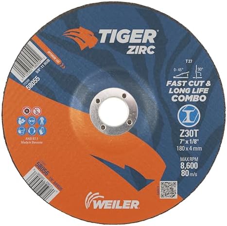 Weiler 58056 7" x 1/8" Tiger Zirc Type 27 Cut Off/Grind Combo Wheel, Z30T, 7/8" A.H (Pack of 25)
