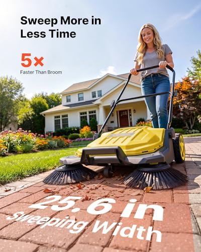 VEVOR Walk-Behind Hand Push Floor Sweeper, Manual Floor Sweeper Non-Electric with 25.6" Sweeping Width, 5 Gallons Waste Container & Adjustable Folding Handle for Yards Walkways Patios Garages - Yellow