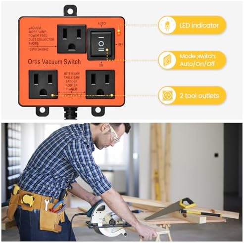 Automatic Vacuum Switch, Ortis Vacuum Switch for More Power Tools, Delay Vacuum On/Off to Prevent Circuit Overload and Tripping, Keep Your Workplace Cleaner, Better for Your Lung