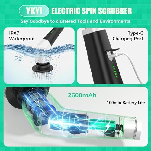 YKYI Electric Spin Scrubber, Cordless Power Cleaning Brush with Long Handle
