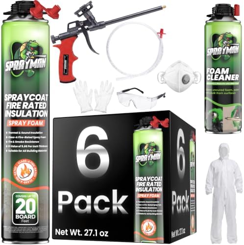Sprayman Spraycoat Fire Rated Spray Foam Insulation Kit 20 Sq Ft (6 x27.1oz) High R-Value (11.32 / 2in) Heat & Noise Reduction, Closed Cell Foam for Wall & Attic - Gun, Cleaner & Safety Gear, 6 Pack