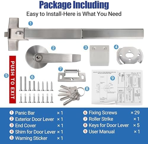 31" Commercial Push Bar Panic Exit Device with Exterior Lever Handle, 304 Stainless Steel Emergency Exit Door Hardware, Panic Bar Lock for 31"-47" Wood, Metal & Composite Doors, Reversible L/R