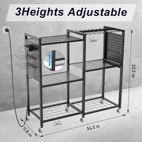 6-Tier Large Power Tool Organizer Cart with Charging Station, Heavy-Duty Garage Rolling Tool Cart with 6 Wheels, 8 Hooks & Adjustable Shelves, Holds 700LBS+