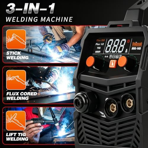 140A MIG Welder, Flux Core Welder Machine, Gasless MIG Welding Machine 3 in 1 IGBT Inverter Welder Portable Wire Feed Welder with LCD Display (140A Welder)