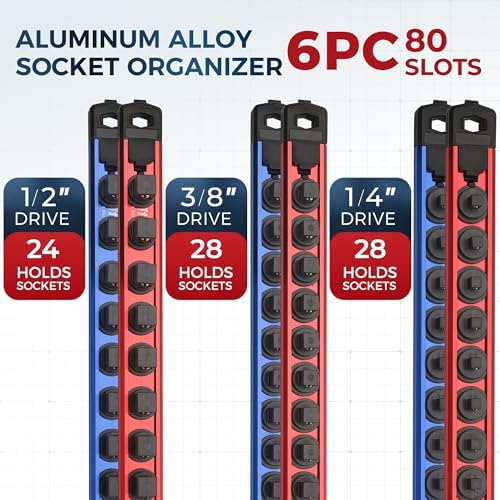 Reniteco Magnetic Socket Organizer Set, 6-Piece 1/4” 3/8” 1/2” Socket Rails | 80-Clip: 1/4" Rail-28 Clips, 3/8" Rail-24 Clips, 1/2" Rail-28 Clips, Heavy-Duty Aluminum Alloy Rails, Drawer or Wall Mount