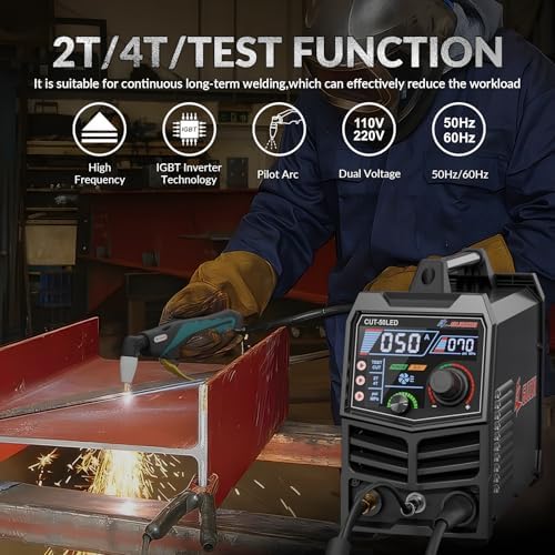 Plasma Cutter, 50Amp 110/220V Dual Voltage IGBT Inverter Plasma Cutting Machine, [Pilot Arc][Large LED Display][Air Sensor] 1/4" Clean Cut 3/4" Max Cut, 2T/4T for Beginners DIY (CUT-50LED)