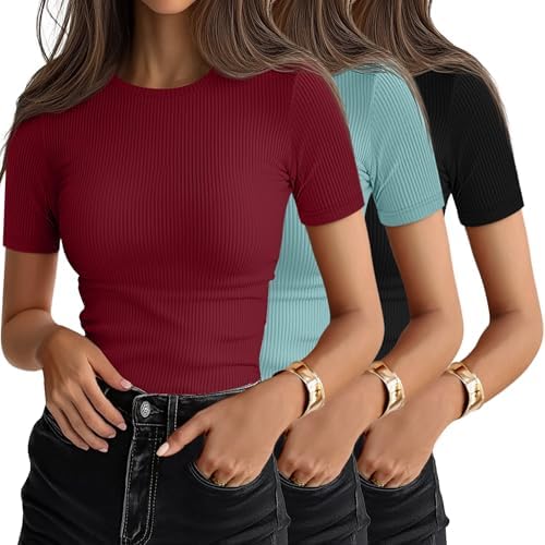 Ficerd 3 Pack Women's Ribbed Short Sleeve T-Shirts