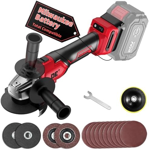 Cordless Angle Grinder for Milwaukee M18 18V Battery, 4-1/2" Grinder Tool w/Auxiliary Handle, 6 Variable Speeds, 10 Sandpapers, 2 Cutting & 2 Grinding Wheels,Wrench, Lock-on Slide Switch for Polishing