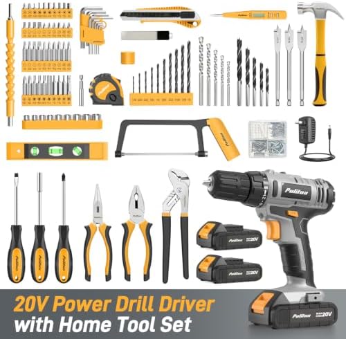 PULITUO Power Drill Tool Kit with 20V Cordless Drill/Driver, Electric Screwdriver, 2 Batteries & Charger, LED Light, 199-Piece Pink Home DIY Tool Set with Toolbox, Drill Set for Women & Men (Yellow)