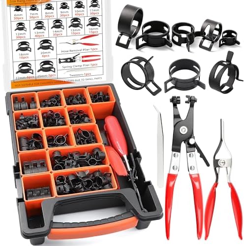 355Pcs 6-25mm Spring Hose Clamps Assortment Kit with Spring Clamp Plier,Hose Removal Plier,for Fuel Line,Vacuum Hoses,Silicone,Air Hose Applications