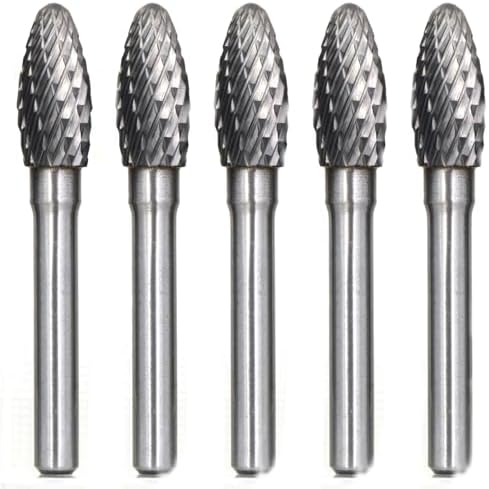 5Pcs/set 3/8 Dia.Flame Pointed Tree Solid Carbide Burrs Heavy Duty Grinding Cutting Heads Chamfering Abrasion Industrial Deburring Rotary Tools for Steels Curved surfaces Slots Holes