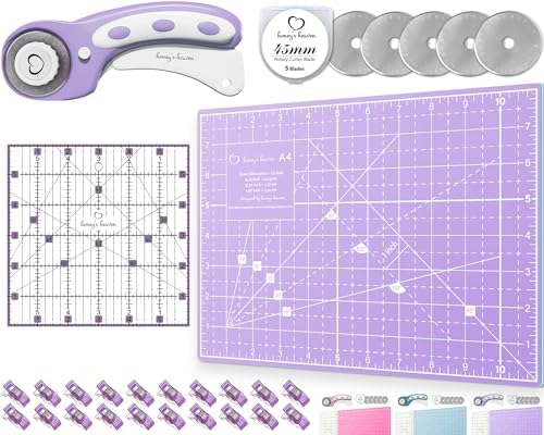 Honey's Heaven Rotary Cutter Set - 45mm Fabric Cutter, 5 Replacement Blades, A4 Cutting Mat, Acrylic Ruler and Craft Clips - Ideal for Crafting, Sewing, Patchworking, Crochet & Knitting