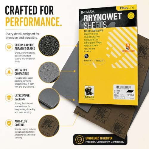 Indasa 50 PCS 5.5x9” Wet & Dry Rhynowet Sandpaper 2500 GRIT Half Sheets – Silicon Carbide Abrasive for Auto, Wood, Metal, Paint & Coat Finishing – Sand Paper, Plusline, Abrasive Sandpaper, Plusline