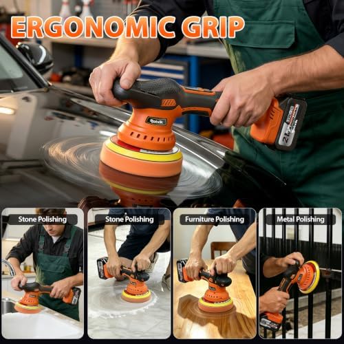 Cordless Car Buffer Polisher Kit, 2x4000mAh 21V Batteries, 6-Inch Orbital Car Polisher, 8 Variable Speeds, LED Display, 18-Piece Accessories for Waxing, Polishing & Scratch Removal