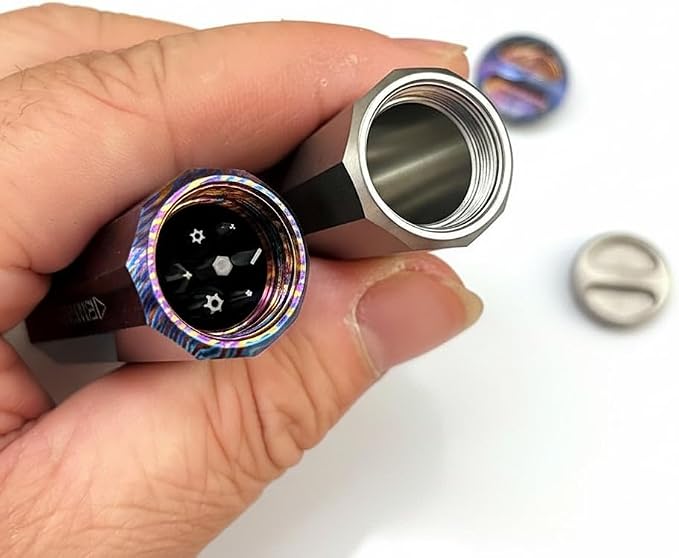 Mini Titanium EDC Pocket Screwdriver with 7 Bit Storage, 81mm / 3.19in Magnetic Precision Hex Driver Tool, Portable Polygon Everyday Carry Tool (Titanium Stonewash)