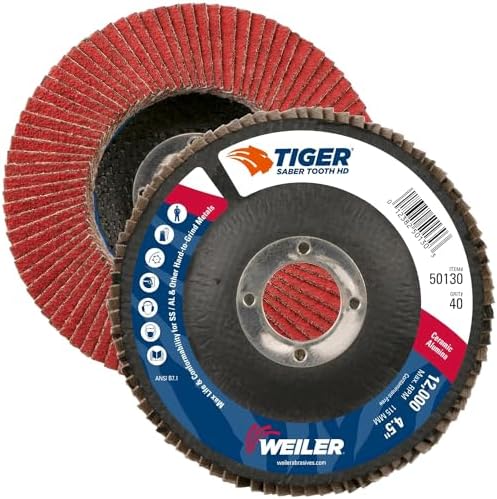 Weiler 50130 Saber Tooth 7/8" Arbor, 4-1/2" Diameter, 40 Grit, Ceramic, Phenolic Backing, Flat High Density Abrasive Flap Disc (Pack of 10)