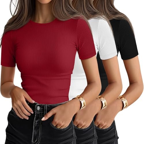 Ficerd 3 Pack Women's Ribbed Short Sleeve T-Shirts