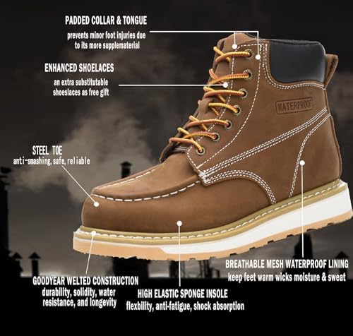 Work Boots for Men 6" Steel Toe Wedge Sole Waterproof Safety Boots