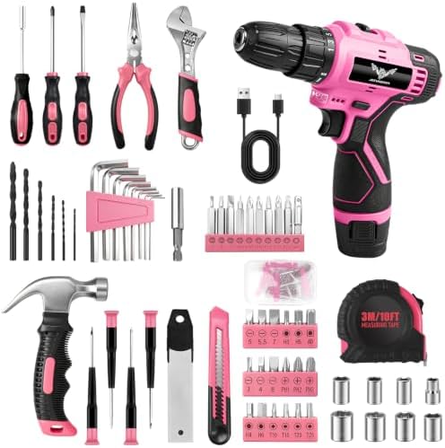 JENABOM Drill Set, 151-Piece Home Tool Set with 12V Pink Cordless Drill