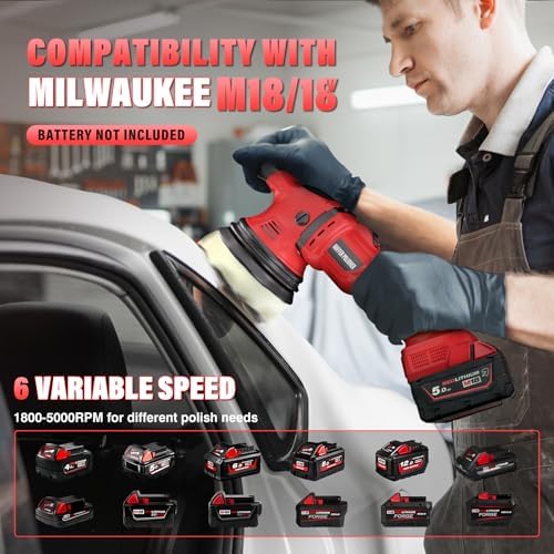 VERVEWAVE Cordless Buffer Polisher Kit for Milwaukee 18V/M18 Battery (No Battery), 6-Inch Orbital Car Polisher 6 Speed 1800—5500 RPM, 17PCS Polishing Accessories, for Car Polishing/Waxing (Tool Only)