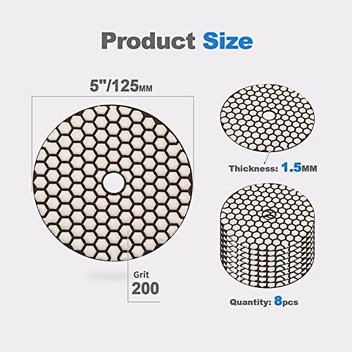 Dry Diamond Polishing Pads - 8pcs 5 inch #200 Sanding Pads Kit for Granite Marble Ceramic Used on Angle Grinder or Polisher…