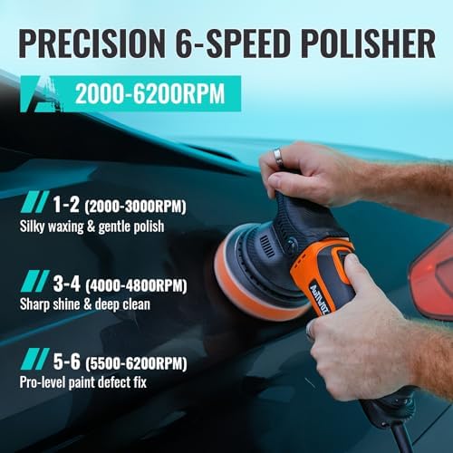 AUTIWOZ 5 Inch DA Polisher for Car Detailing, 9mm Random Orbital Polisher Buffer, 6 Speeds 2000-6200RPM, 630W Auto Polishing Machine for Car Polishing, Waxing, Sanding, W01