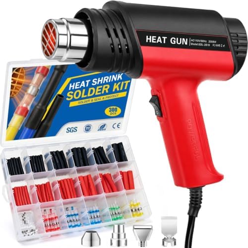 2000W Heat Gun Kit with 300PCS 10–26 AWG Solder Seal Wire Connectors & Waterproof Heat Shrink Tubing, 2 Temperature Max 1202℉ Compact Hot Air Gun with 4 Nozzles for Automotive, Marine & Wiring Repair