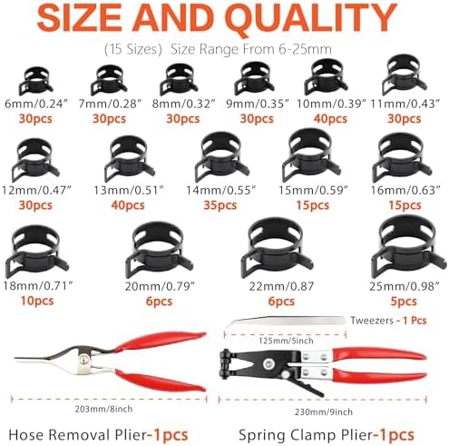 352Pcs Spring Band Hose Clamp Kit, 6-25mm 15 Sizes 65Mn Carbon Steel with Swivel Jaw Pliers & Removal Tool for Fuel Line, Coolant, Vacuum, Radiator, Silicone Hose - Automotive, Marine, DIY
