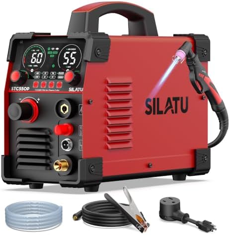 SILATU 55A Plasma Cutter, HF Non-Touch Pilot Arc Plasma Cutter Machine, 7/10″ Max Cut 9/16″ Clean Cut, Portable 110/220V Dual Voltage IGBT Inverter Digital Display, PT/2T/4T for Beginners DIY (Red)