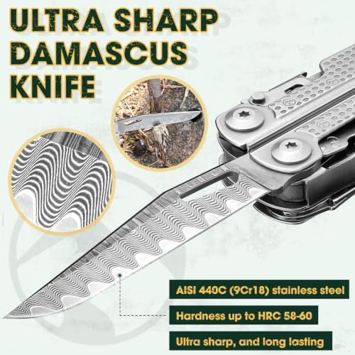 Multper Multitool Pliers with Damascus Knife & Large Scissors,Screwdriver