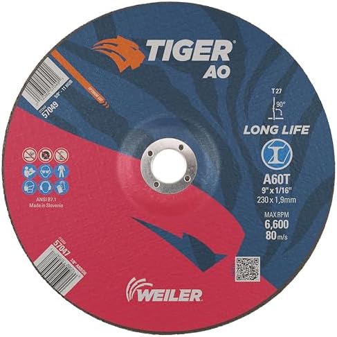 Weiler 57047 9 Inch Cutting Wheel, Tiger AO Steel/Metal Long Life Performance Cutting, 1/16" A60T Type 27 7/8" Arbor, Pack of 25