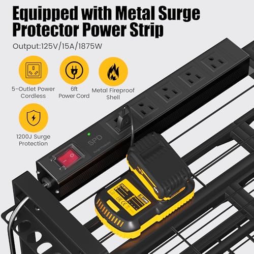 MOOMSINE Large Power Tool Organizer Wall Mount with Charging Station for Garage, 400lbs Metal Storage Rack with 8 Cordless Drill Holder, 4 Tier Heavy Duty Battery Tool Shelf with 5 Outlet Power Strip