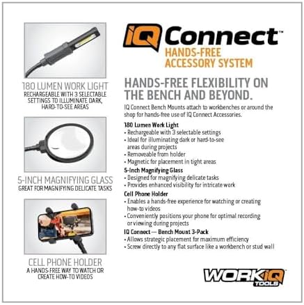WORK IQ TOOLS IQ Connect | Hands-Free Accessory System with 3 Bench Mounts | Includes Magnifying Glass, Rechargeable Work Light & Cell Phone Holder | Work Bench Accessories Compatible with IQ Vise