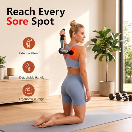 AxBerry Massage Gun, Deep Tissue Percussion Massager with Heat & Detachable Extension Handle, Handheld Muscle Massager for Back, Neck & Shoulders Pain, Portable Massage Gun, Muscle Gun