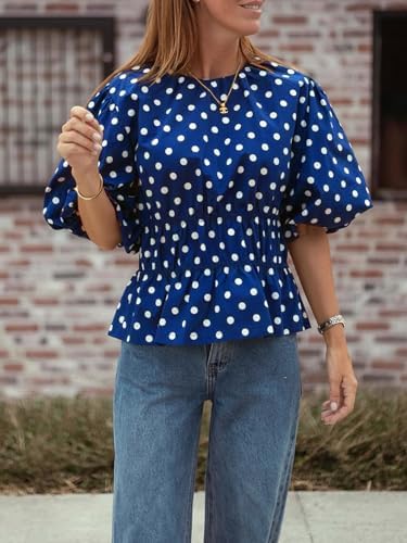 Cicy Bell Women Polka Dot Peplum Blouse Round Neck Puff Sleeve Summer Top