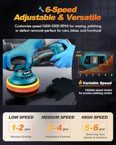 Cordless Car Buffer Polisher Kit, 6" Dual Action Random Orbital Polisher, 6 Variable Speed (1600–5500 RPM) 2×21V 2000mAh Rechargeable Batteries, 13 PCS Polishing & Waxing Attachments for Car Detailing