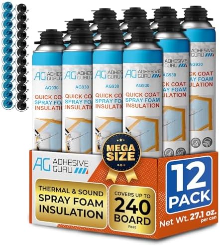 Adhesive Guru Heat Insulation Spray Foam (12x32.8 oz / 240 Board ft), Spray Foam Insulation, Bond Insulation Foam Spray, Polyurethane Self Expanding, Heat and Sound Insulation Foam - 12 Pack